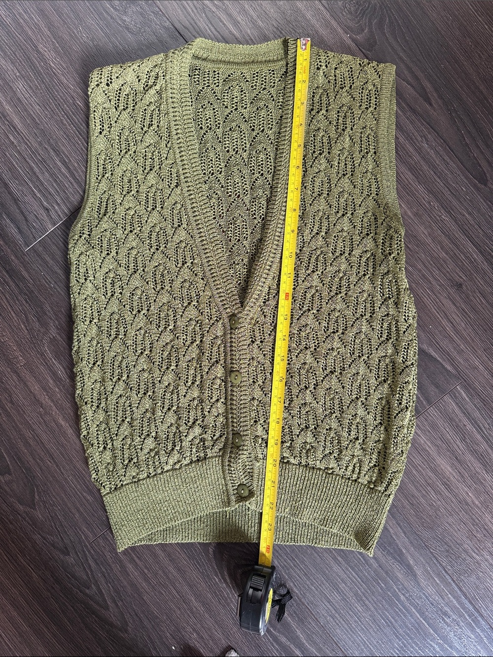 Vintage Olive Green Openwork Knit Button-Front Sweater Vest - Picture 3 of 4